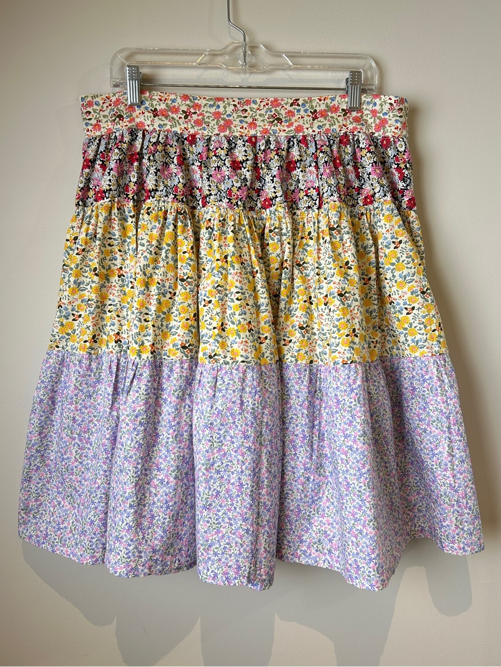 Floral Tiered Coastal Cowgirl Patchwork Prairie Skirt in Yellow, Purple, & Pink